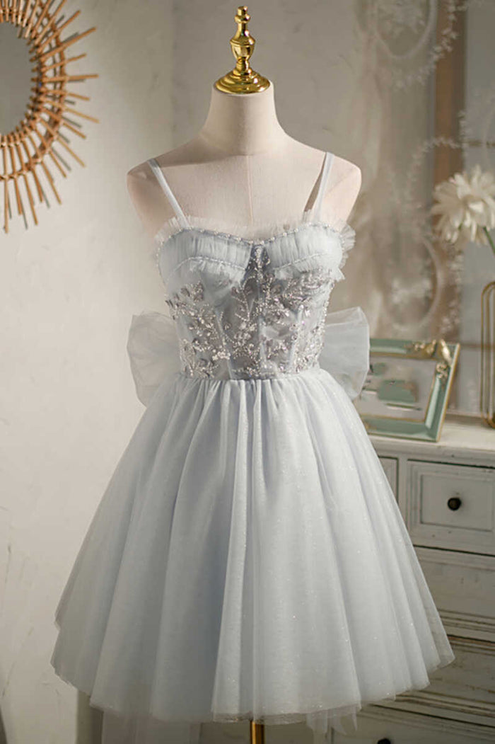 Grey Beaded Bow-Back Short Homecoming Dress