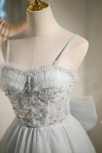 Grey Beaded Bow-Back Short Homecoming Dress