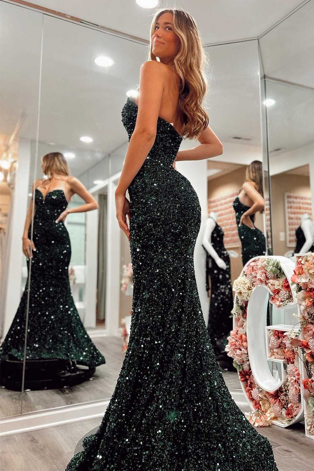 Dark Green Sequin Strapless Trumpet Long Prom Gown