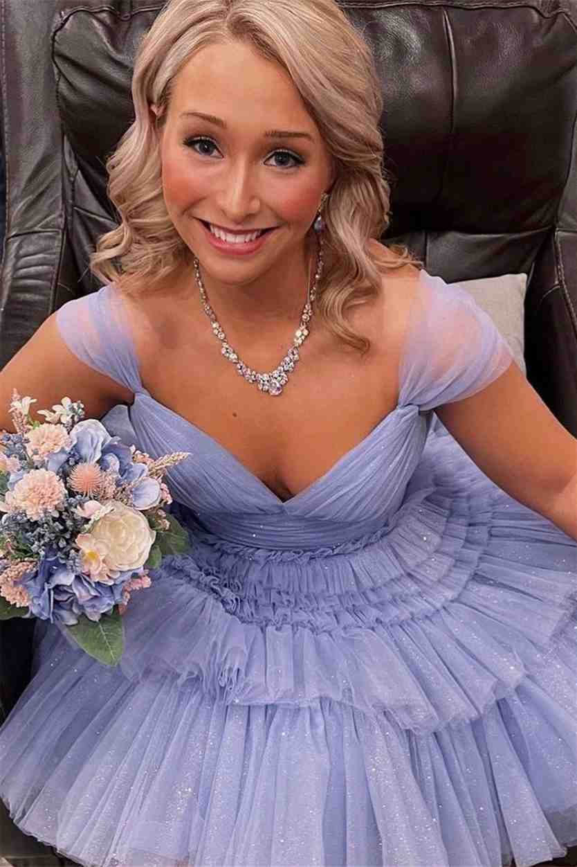 Lavender A-line Sheer Straps Tulle Layers Knee Length Prom Dress