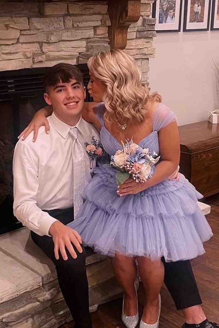 Lavender A-line Sheer Straps Tulle Layers Knee Length Prom Dress