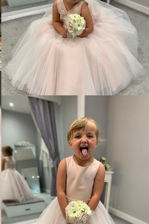 Blush Pink Jewel Sleeveless Beaded Buttons Long Flower Girl Dress