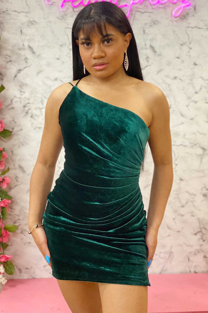 Short Emerald One-Shoulder Ruched Cocktail Dress