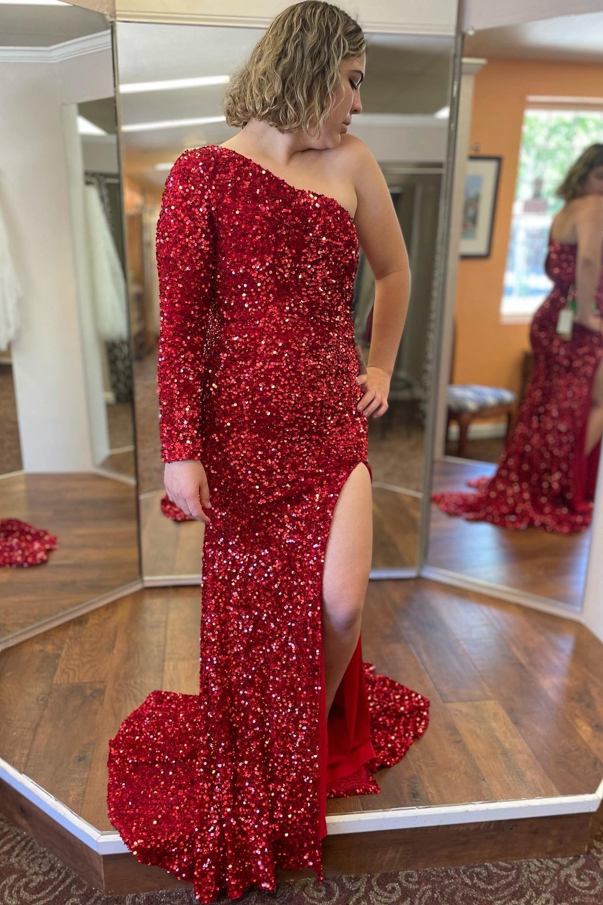 Pink Iridescent Sequin One-Sleeve Mermaid Long Prom Dress with Slit