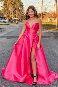 Purple Strapless A-Line prom Dress with Slit