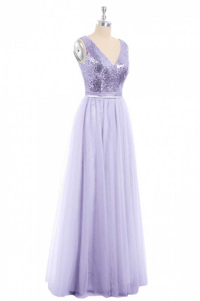 Lavender Sequin V-Neck Backless A-Line Long Dress