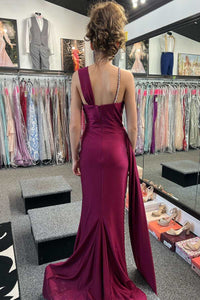 Asymmetrical Magenta Beaded Long Formal Dress with Attached Train