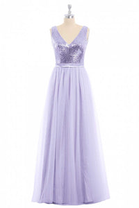 Lavender Sequin V-Neck Backless A-Line Long Dress