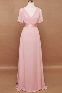 Pink V-Neck Ruffled A-Line Long Bridesmaid Dress