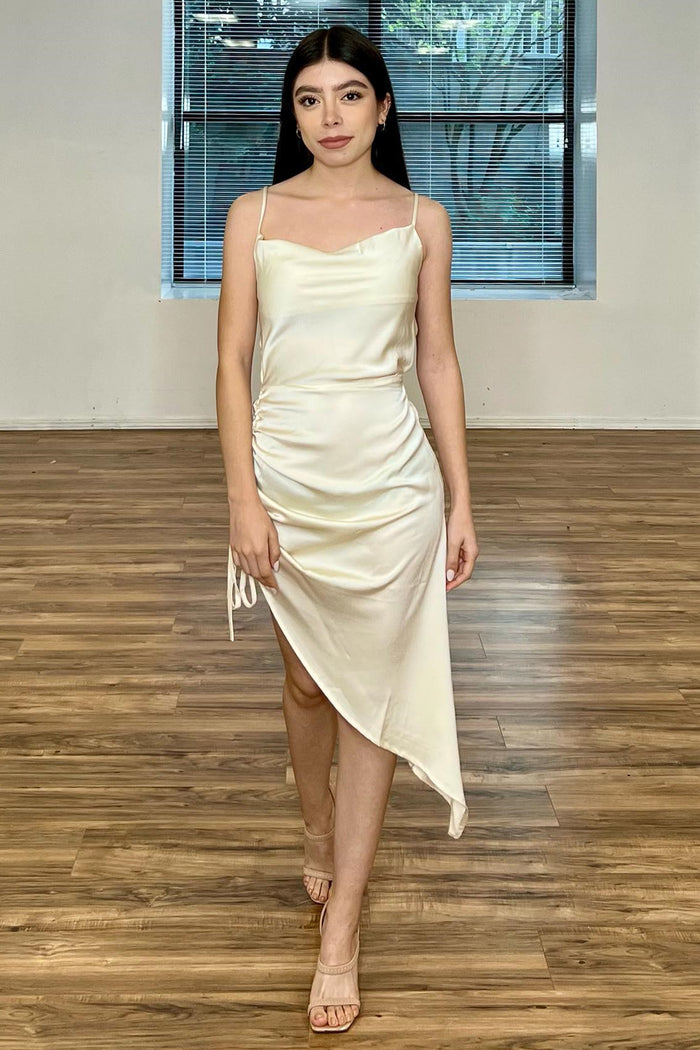 Champagne Spaghetti Strap Drawstring Bridesmaid Dress