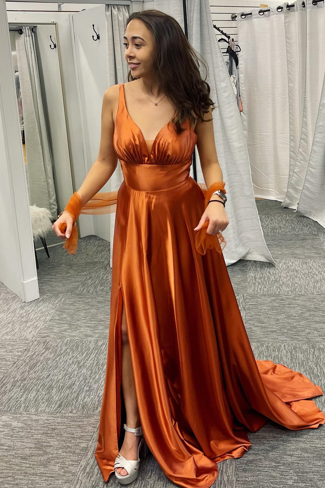 Rust Orange Deep V Neck Pleated Satin Straps Long Bridesmaid Dress with Slit.