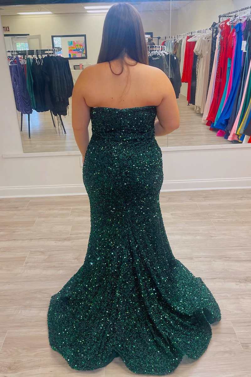 Hunter Green Sequin Strapless Long Formal Dress with Slit
