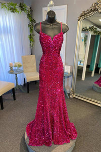 Magenta Sequin Split Neck Mermaid Long Prom Dress