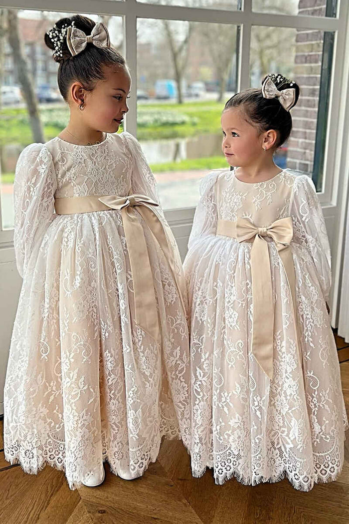 Ivory Lace Long Sleeve Pleated A-Line Flower Girl Dress