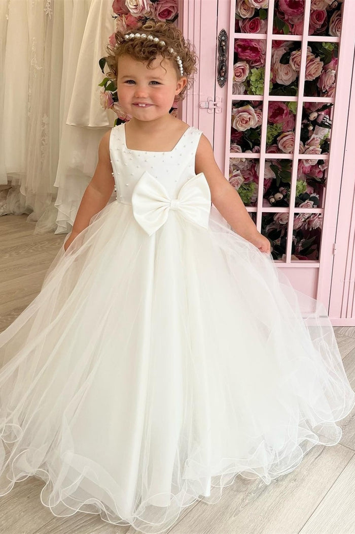 White Square Neck Pearl Beaded Sleeveless Long Flower Girl Dress with Bow