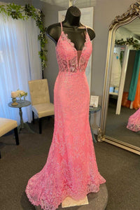 Hot Pink Floral Lace Plunge V Mermaid Long Formal Dress