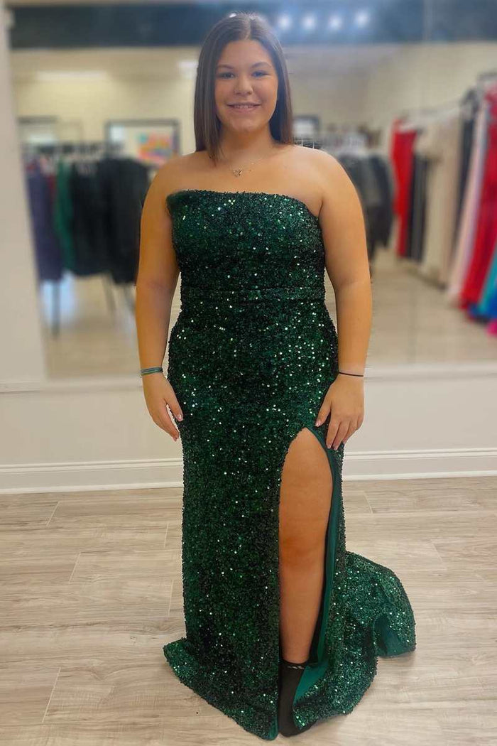 Hunter Green Sequin Strapless Long Formal Dress with Slit