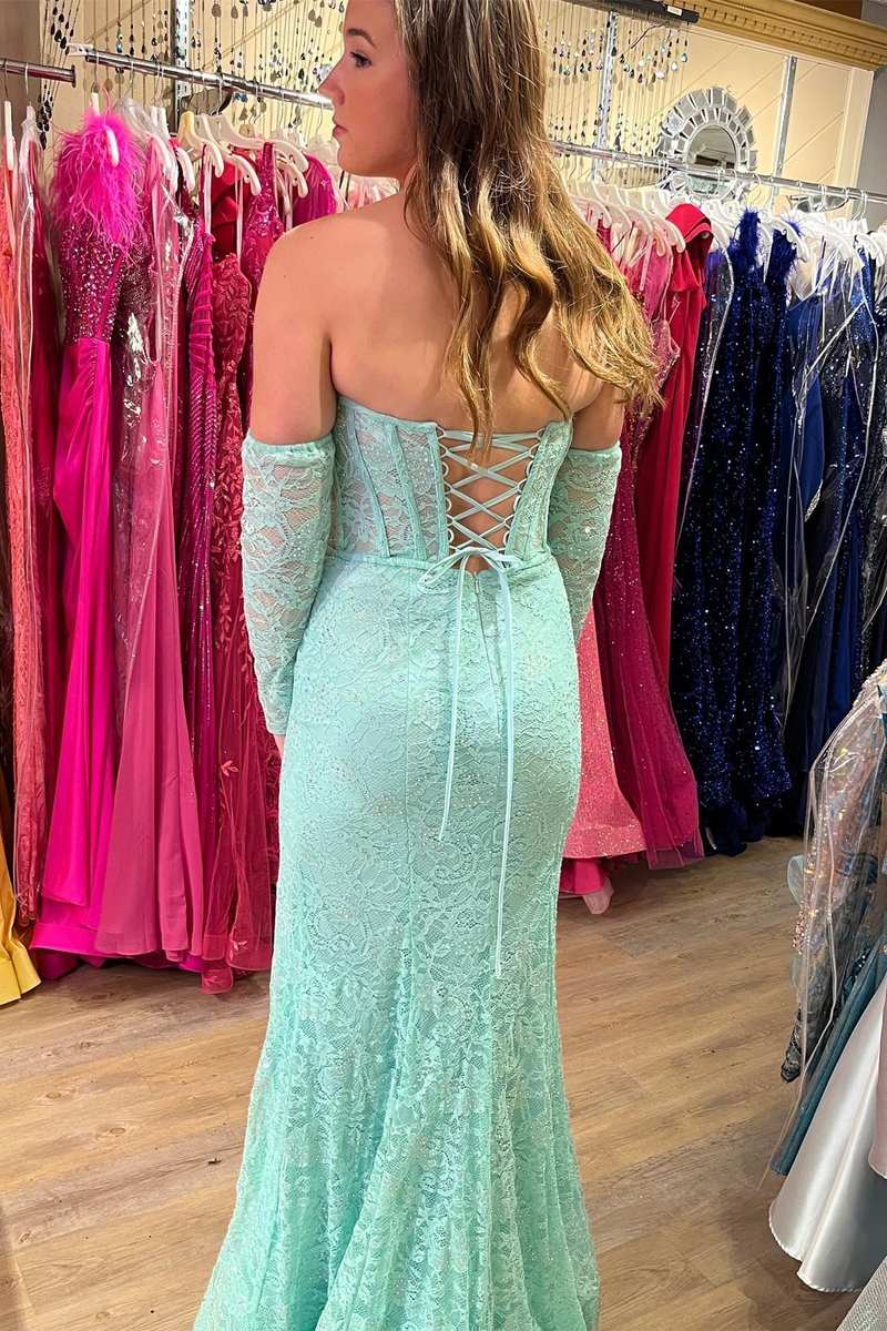 Mint Green Lace Strapless Mermaid  Long Prom Dress with Slit