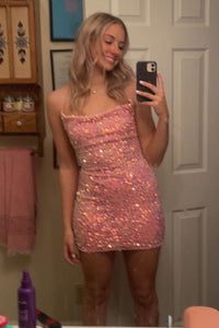Pink Cowl Neck Sheath Sequins Lace-Up Mini Homecoming Dress