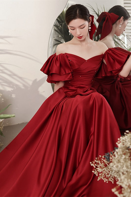 A-Line Burgundy Off-the-Shoulder Bow Prom Gown