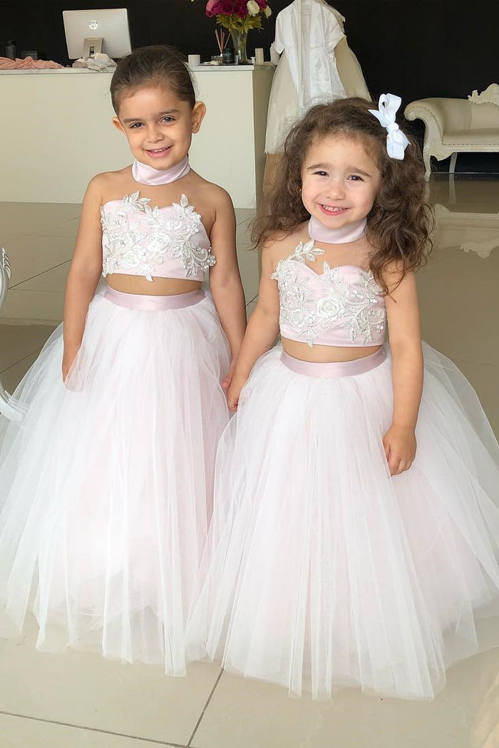 Two Piece High Neck Pink and White Flower Girl Dress