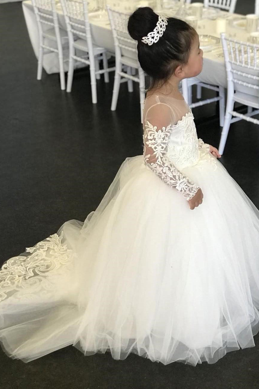 Princess Long Sleeves White Long Flower Girl Dress