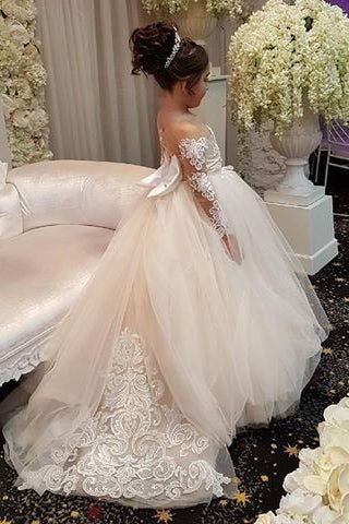 Princess Long Sleeves White Long Flower Girl Dress