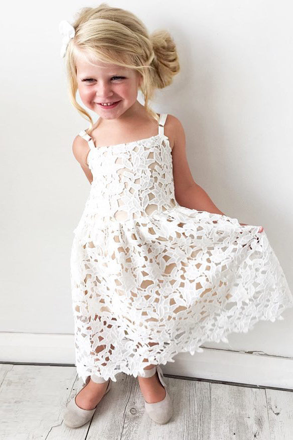 Spaghetti Straps White Lace Flower Girl Dress