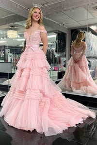 Pink Tulle Lace Off-the-Shoulder Ruffles Tiered Long Prom Dress