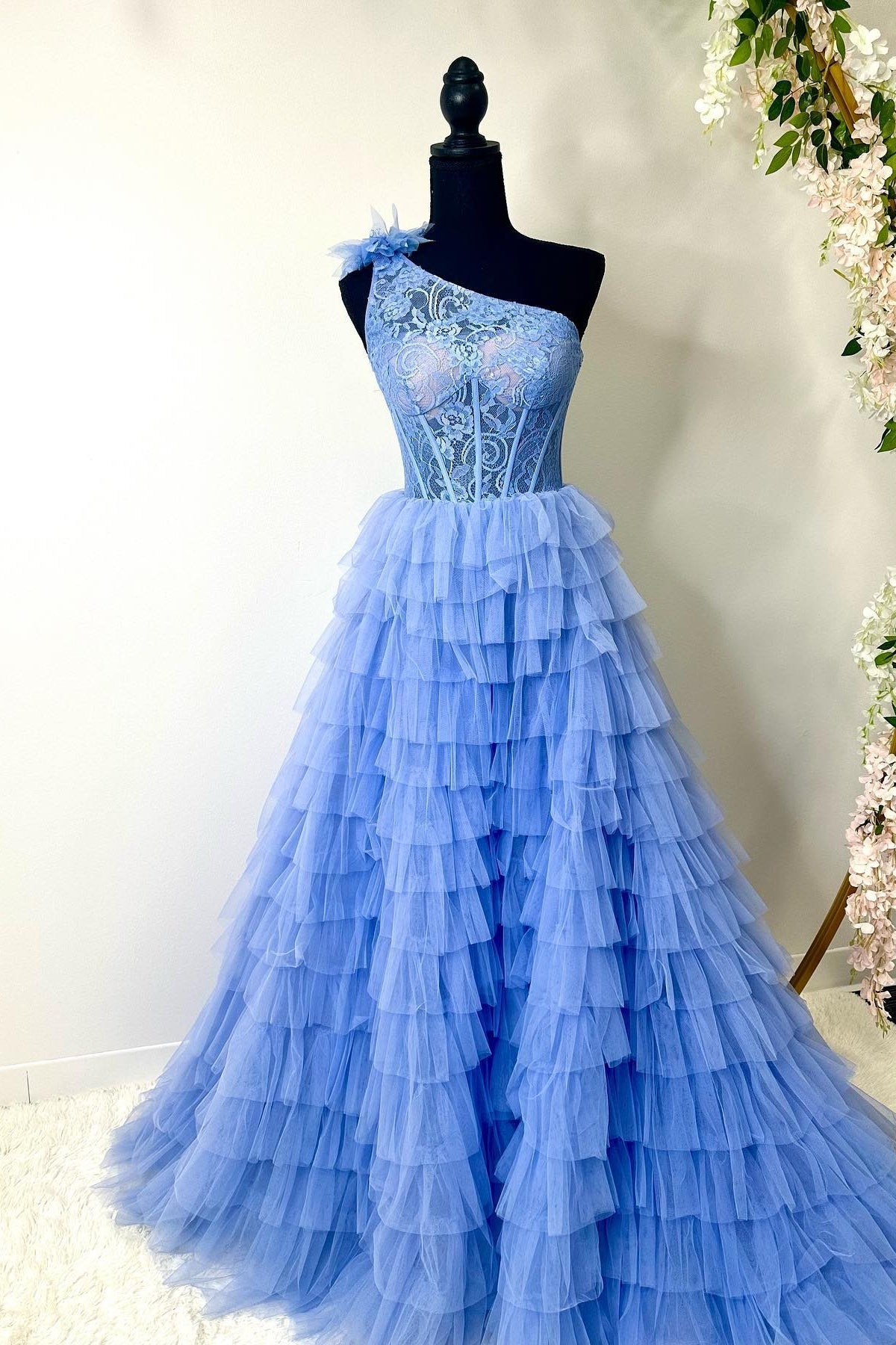 Black Lace One-Shoulder Multi-Tiered Ball Gown with Ruffles
