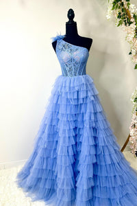 Black Lace One-Shoulder Multi-Tiered Ball Gown with Ruffles