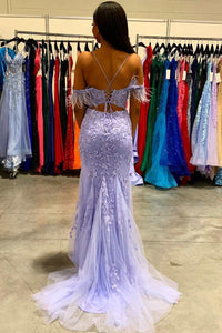 Lavender Appliques Feather Mermaid Long Prom Dress