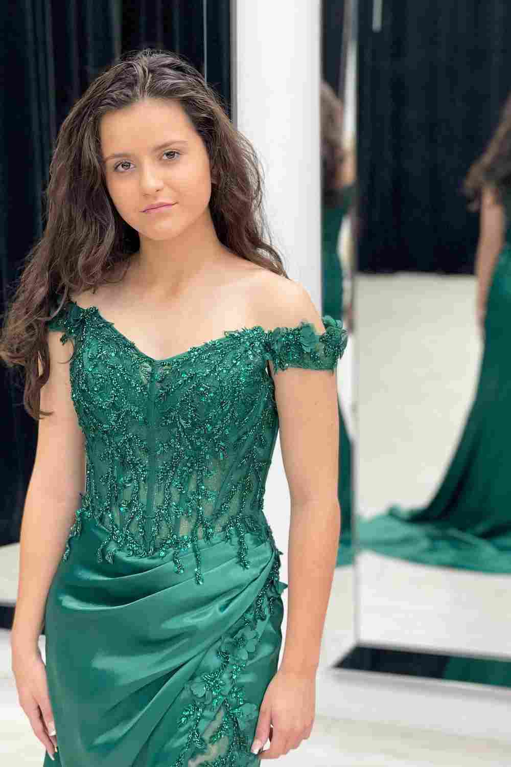 Green Mermaid Off-Shoulder Applique Pleated Satin Long Prom Dress