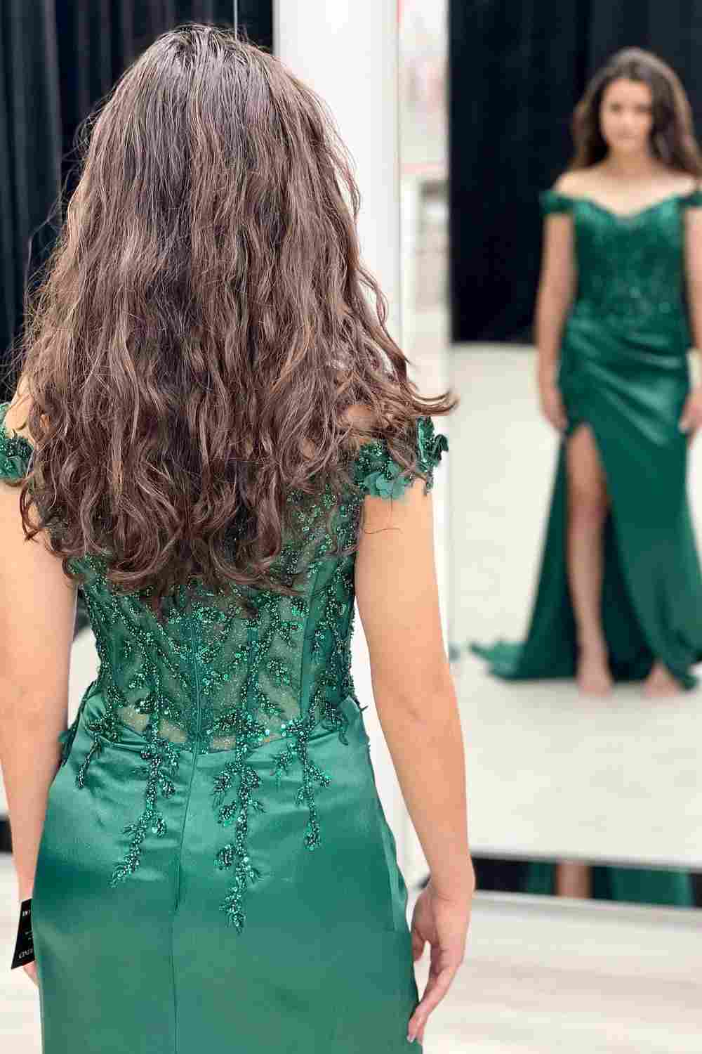 Green Mermaid Off-Shoulder Applique Pleated Satin Long Prom Dress with –  Dreamdressy