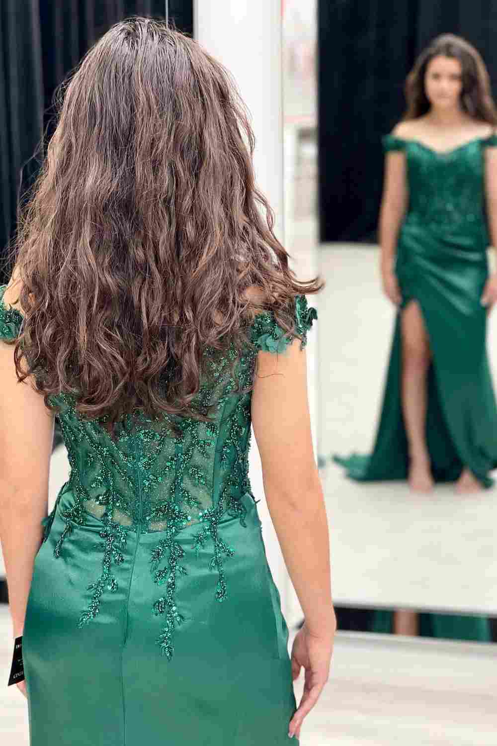 Green Mermaid Off-Shoulder Applique Pleated Satin Long Prom Dress with Slit