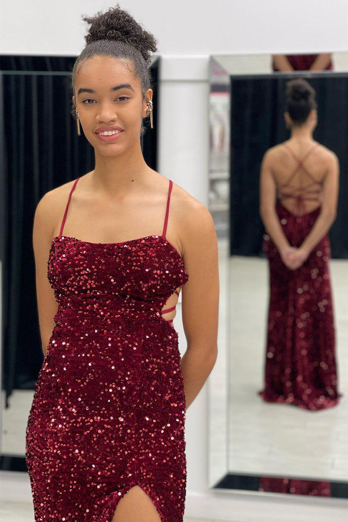 Burgundy Mermaid Lace-Up Back Sequins Long Prom Dress with Slit