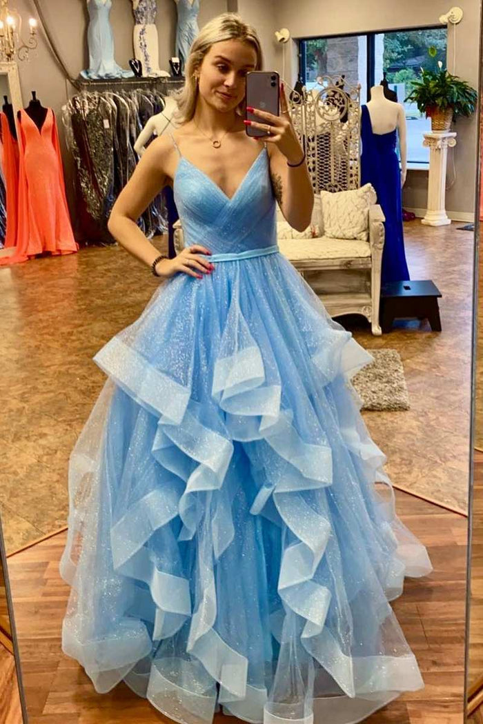 Blue Tulle Surplice Neck Multi-Tiered A-Line Prom Gown