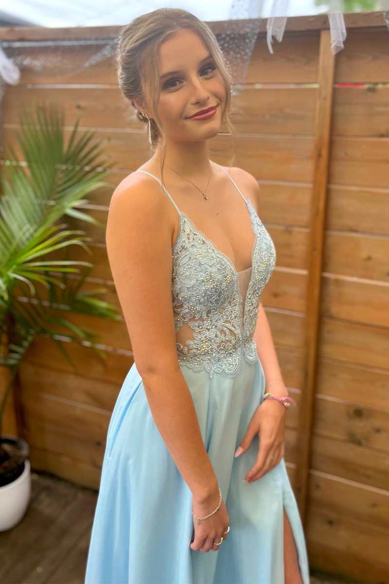 Light Blue Lace Plunge Neck A Line Prom Dress with Slit Dreamdressy