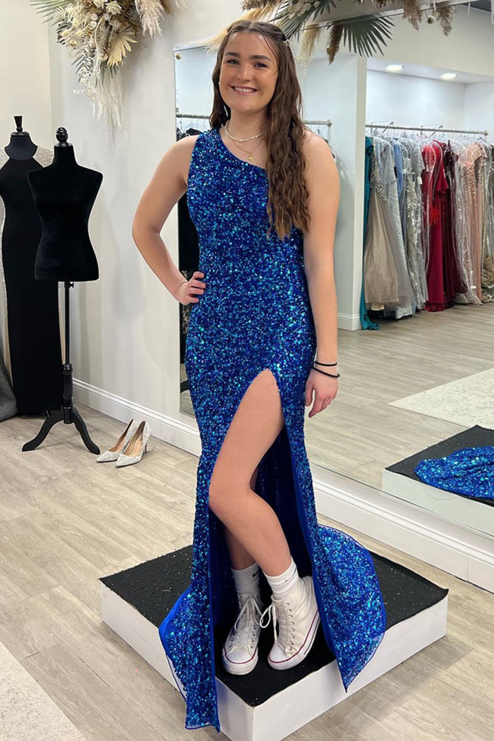 Royal Blue Mermaid One Shoulder Lace-Up Back Sequins Long Prom Dress with Slit