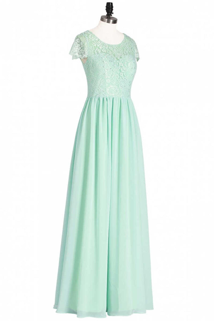 Sage Green Lace and Chiffon Cap Sleeve A-Line Long Bridesmaid Dress