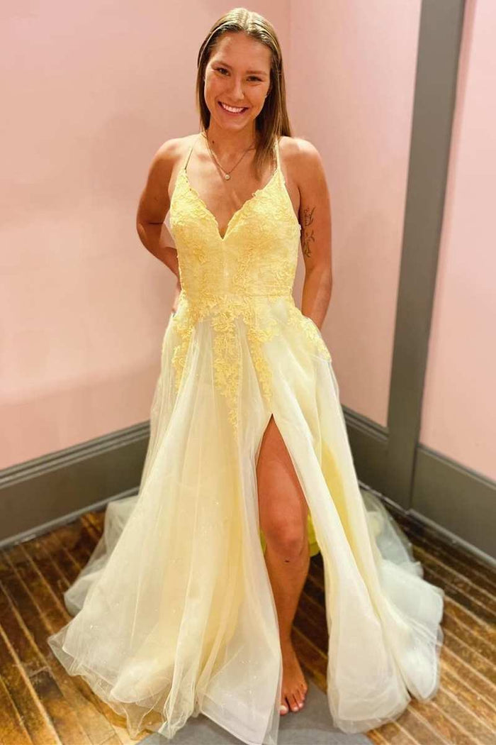Yellow Appliques V-Neck Lace-Up Back A-Line Prom Dress with Slit