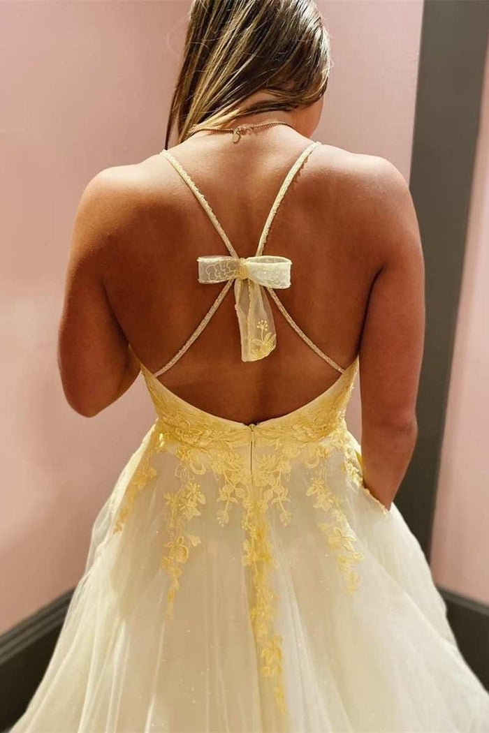 Yellow Appliques V-Neck Lace-Up Back A-Line Prom Dress with Slit