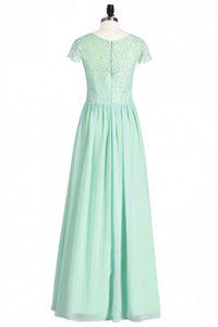 Sage Green Lace and Chiffon Cap Sleeve A-Line Long Bridesmaid Dress