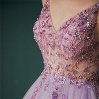 Light Purple A-line Rhinestones Tulle Long Prom Dress