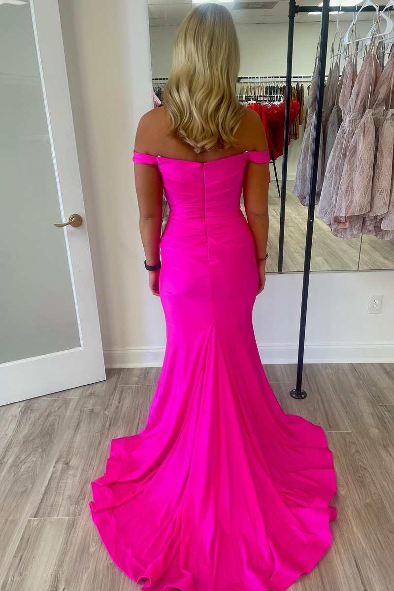 Elegant Neon Pink Off the Shoulder Mermaid Long Formal Gown