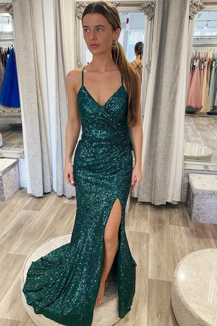 Hunter Sequin Surplice Neck Mermaid Long Dress with Slit