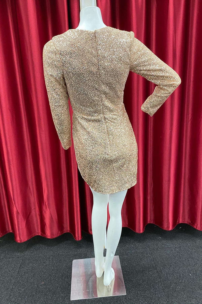 Champagne Sequin Long Sleeve Short Party Dress