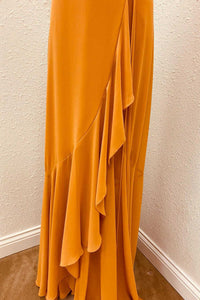 Rust V-Neck Spaghetti Straps Ruffled Long Bridesmaid Dress