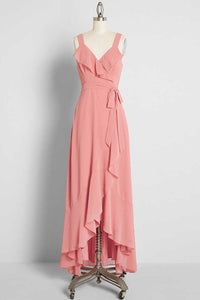 Peach Straps Ruffled High-Low Bridesmaid Dress