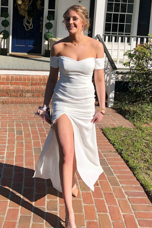 White Off-the-Shoulder Long Bridesmaid Dress with Slit